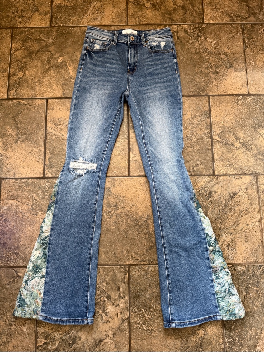 Blue Floral-Panel Flare Jeans for Women
